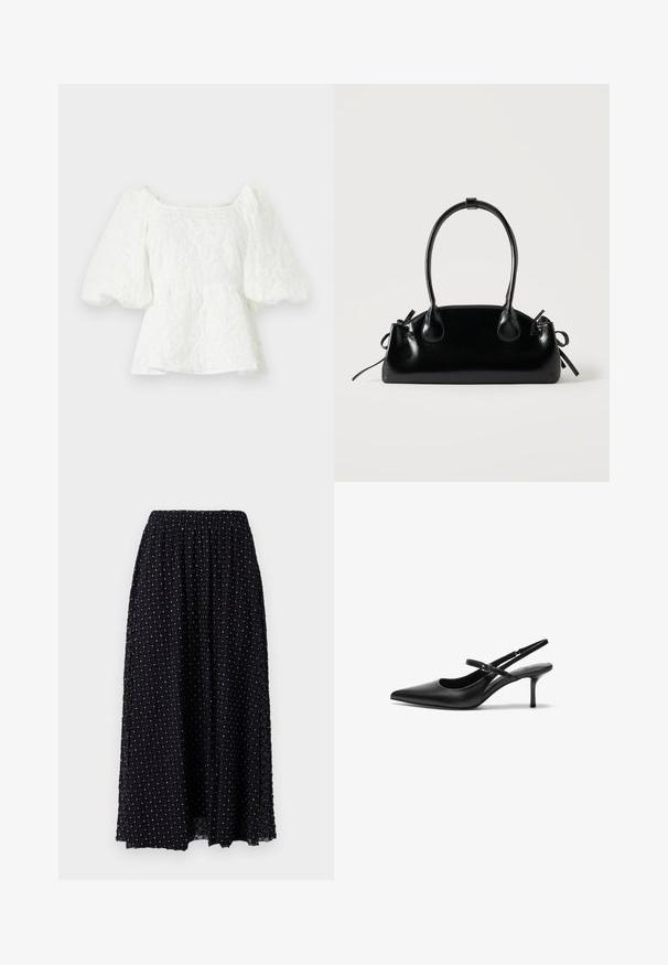 Hvid, tekstureret bluse med firkantet halsudskæring og pufærmer. Har en peplum talje, der viser et blomstermønster hele vejen igennem.; Sort maxiskørt med en diamantmønstret meshstruktur, elastisk talje og let rynkning foroven, med sølvdetaljer gennem hele skørtet.; Sorte læder slingback hæle med spids tå, slank justerbar rem og en stiletto hæl på cirka 5 cm, glat tekstur.; Lille sort blank håndtaske med to lange håndtag og snøre-detaljer i siden på en ensfarvet lys baggrund.