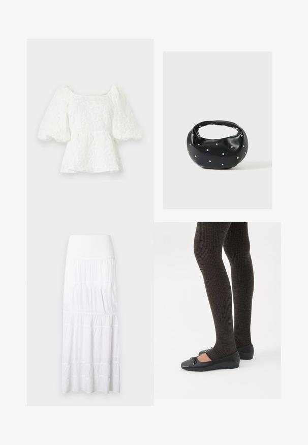 Hvid, tekstureret bluse med firkantet halsudskæring og pufærmer. Har en peplum talje, der viser et blomstermønster hele vejen igennem.; Hvid, lagdelt maxinederdel lavet af letvægtsstof. Har elastisk taljebånd og subtil tekstur med vandrette sømme.; Ben iført mørke ribbede leggings kombineret med sorte balletsko med små sløjfedetaljer på hvid baggrund.; Sort læderhåndtaske med en rundet form, dekoreret med sølvnitter, og et kort håndtag. Glat tekstur og lynlåslukning.
