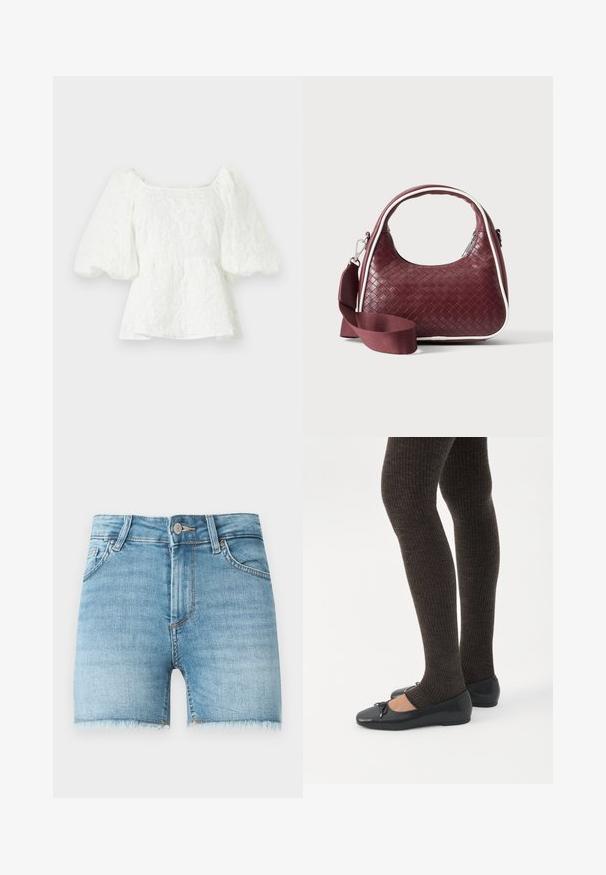 Hvid, tekstureret bluse med firkantet halsudskæring og pufærmer. Har en peplum talje, der viser et blomstermønster hele vejen igennem.; Lette blå denimshorts med rå kant, fem lommer og lukning med knap foran. Har let falmede områder og en klassisk snit.; Ben iført mørke ribbede leggings kombineret med sorte balletsko med små sløjfedetaljer på hvid baggrund.; Mørkerød vævet lædertaske med buet hank, hvid kant, sølv lynlås og aftagelig bred stofskulderrem mod en ensfarvet baggrund.