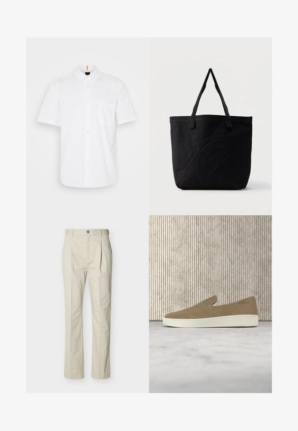 Chemise blanche à manches courtes, boutonnée, fabriquée en coton, avec une poche poitrine unique, un col classic et des détails de couture discrets.; Pantalon beige sur mesure en coton, avec plis, fermeture à bouton, jambes droites et texture lisse.; Chaussure beige sans lacets avec semelle blanche, présentée en suspension sur un tapis clair avec un mobilier transparent de couleur ambre en arrière-plan.; Sac fourre-tout en toile noire avec deux bandoulières et un motif circulaire discret en relief sur le devant.