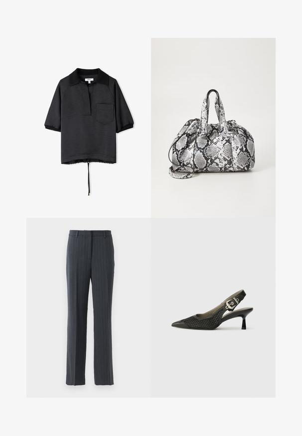 Polo noir à manches courtes avec collier, en tissu texturé, avec une poche poitrine et un ourlet resserré avec un cordon de serrage ajustable.; Pantalons habillés droits à rayures gris foncé avec passants de ceinture et fermeture éclair à l'avant sur fond blanc.; Chaussure slingback noire avec un bout pointu, texture en maille tissée et accent de boucle au talon. Talon fin et courbé. Détails en cuir lisse.; Sac à main en motif peau de serpent noir et blanc avec deux poignées, une fermeture à cordon et une bandoulière amovible. Texture lisse.