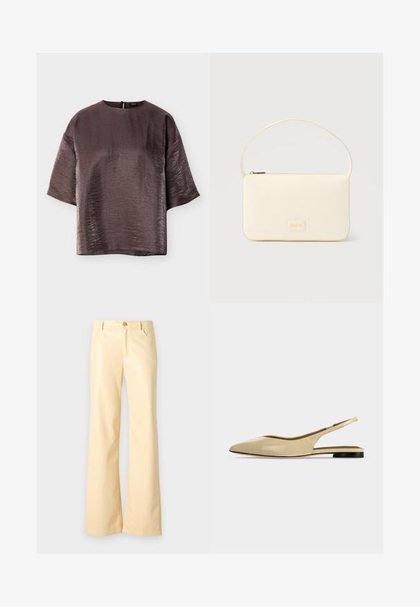 Blouse brillante marron foncé à manches courtes, col rond et coupe ample, présentée à plat sur un fond blanc.; Pantalons évasés en jaune pâle, en matériau lisse et brillant. Comprend un bouton avant, deux poches latérales et une coupe droite.; Chaussure plate beige à bout pointu avec bride arrière, petit talon noir et finition en cuir lisse, vue de côté sur un fond uni.; Sac à main rectangulaire de couleur crème avec une seule sangle et une fermeture éclair sur le dessus, comportant une petite plaque de logo embossé à l'avant.