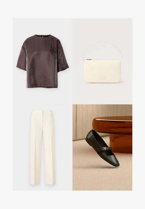 Blouse brillante marron foncé à manches courtes, col rond et coupe ample, présentée à plat sur un fond blanc.; Pantalon droit sur mesure couleur blanc cassé avec pli avant, ceinture et fermeture avant dissimulée sur un fond uni.; Chaussure plate en cuir noir avec bout pointu et logo CK doré sur la bride, posée sur un tapis beige près d'une table ronde couleur ambre brun.; Sac à main rectangulaire de couleur crème avec une seule sangle et une fermeture éclair sur le dessus, comportant une petite plaque de logo embossé à l'avant.