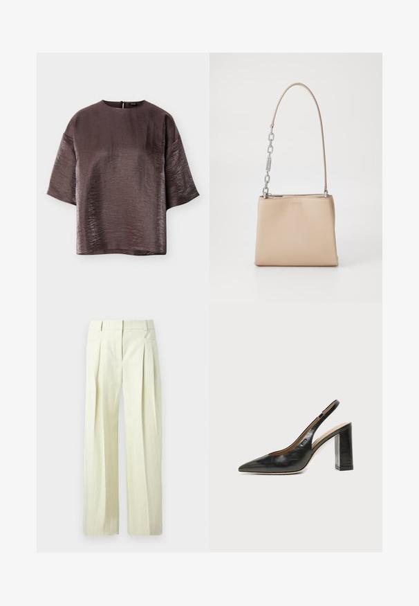 Blouse brillante marron foncé à manches courtes, col rond et coupe ample, présentée à plat sur un fond blanc.; Pantalon ample couleur crème avec fines rayures verticales, plis à l'avant, poches latérales, et passants pour ceinture.; Chaussure slingback en cuir noir à bout pointu avec un talon bloc haut et une doublure intérieure beige sur un fond clair uni.; Sac à main en cuir beige au toucher lisse, avec une accent en chaîne argentée sur la poignée et une fermeture éclair. "HUGO" embouti à l'avant.