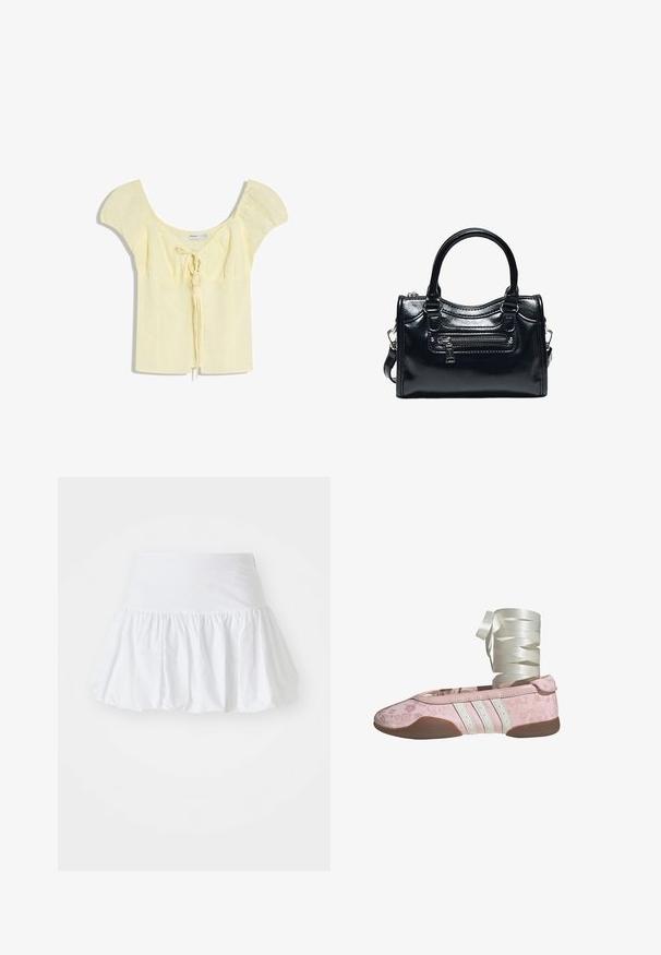 Blouse courte manches courtes jaune clair avec épaules bouffantes et détail de nœud à l'avant, dotée d'un large décolleté arrondi.; Jupe évasée blanche fabriquée en tissu léger, avec un design froncé et une taille élastique pour le confort. Pas de motifs ni d'accents visibles.; Ballerine rose avec texture florale, accents en cuir blanc et trois rayures blanches. Dotée d'une semelle souple et d'un ruban pour le laçage.; Sac à main en cuir noir brillant avec deux poignées, poche avant zippée et bandoulière amovible sur fond blanc.