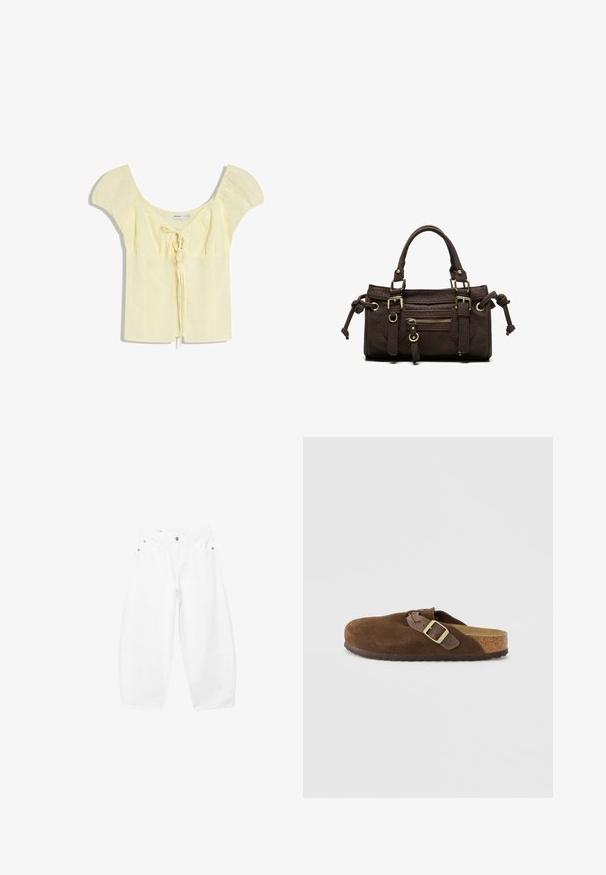 Blouse courte manches courtes jaune clair avec épaules bouffantes et détail de nœud à l'avant, dotée d'un large décolleté arrondi.; Jean blanc à jambes larges avec boutons et fermeture éclair à l'avant, passants pour ceinture, poches latérales et avant, présenté sur un fond uni.; Chaussure à enfiler en daim marron avec un bout arrondi, une bride à boucle simple et une semelle intérieure en liège marron clair texturée. Semelle extérieure en caoutchouc pour une meilleure adhérence.; Sac à main en cuir marron foncé avec double poignée, poche avant zippée, boucles décoratives et nœuds latéraux sur fond blanc.