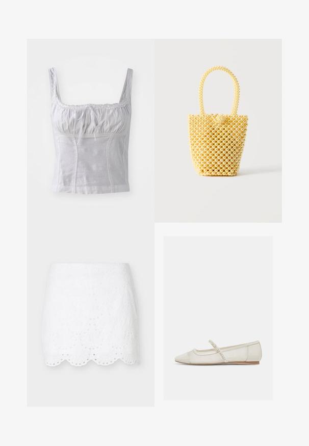 Top blanco sin mangas con un cuerpo fruncido, detalles de encaje en el escote y un lazo en la parte delantera. Está hecho de una tela suave y ligera.; Minifalda blanca con bordado de ojal, dobladillo festoneado y patrones florales troquelados, mostrada sobre un fondo liso gris claro.; Zapato plano de punta puntiaguda en color blanco hueso con correa adornada con perlas y tacón bajo de madera, vista lateral sobre un fondo claro.; Bolso pequeño estilo bolso cubo hecho de cuentas brillantes de color crema con asa de cuentas en forma de lazo y cierre decorativo con nudo de cuentas.