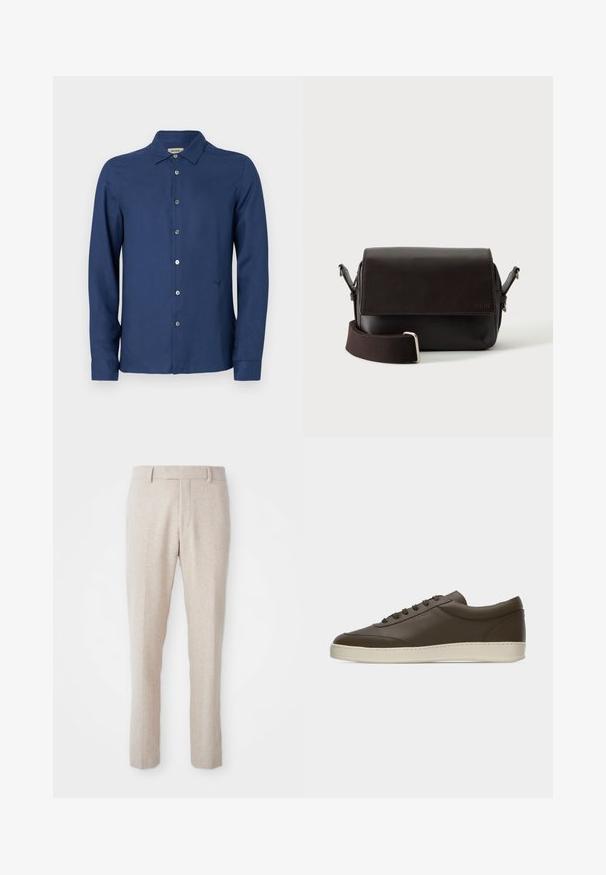 Chemise boutonnée à manches longues bleu marine en tissu lisse ; dotée d'un col classique, d'un logo subtil et d'une patte de boutonnage standard.; Pantalons tissés beiges à coupe droite, avec une taille plate, des passants de ceinture et sans motifs ni détails matériels visibles.; Baskets basses en cuir marron foncé avec lacets sur le devant et semelle en caoutchouc couleur crème, vues de côté extérieur sur fond blanc.; Sac bandoulière en cuir marron foncé avec fermeture à rabat et sangle en tissu réglable sur fond blanc.
