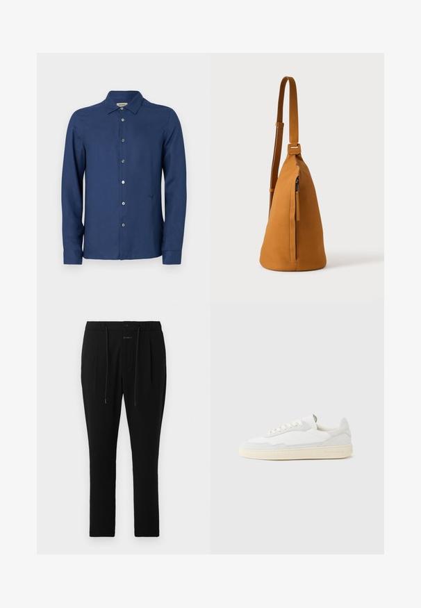Chemise boutonnée à manches longues bleu marine en tissu lisse ; dotée d'un col classique, d'un logo subtil et d'une patte de boutonnage standard.; CLOSED VIGO TAPERED - Chino - dark night; Baskets blanches avec dessus en daim et cuir texturé. Caractérisées par un bout arrondi, une fermeture à lacets et une semelle en caoutchouc beige contrastante.; Sac besace en cuir couleur fauve avec sangle réglable et poche verticale zippée, présenté de profil sur un fond clair uni.