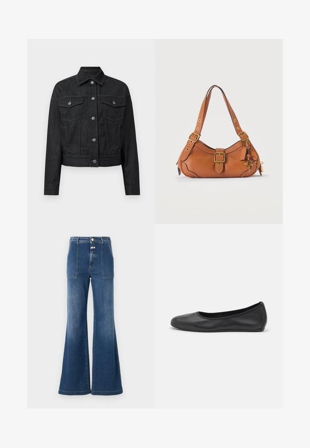 Veste en denim noir avec un col classique, fermeture à boutons sur le devant, deux poches poitrine et un ourlet arrondi. Elle présente des coutures contrastantes.; Jeans évasés taille haute en denim bleu moyen avec une finition délavée. Dotés de poches plaquées et d'une fermeture à bouton. Ourlet propre.; Ballerines en cuir noir avec un bout rond, texture lisse, détails de couture minimalistes et design de semelle flexible.; Sac à bandoulière en cuir marron avec boucles dorées, sangles réglables, rabat avant et breloques décoratives en forme de clé et d’étiquette.