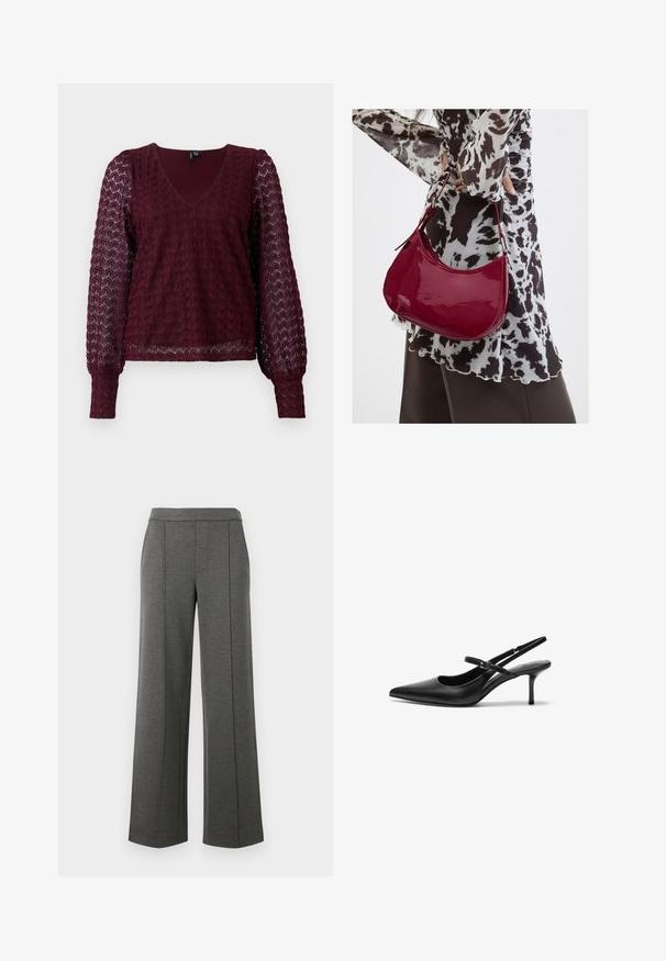 Blouse en dentelle bordeaux à manches longues avec décolleté en V, manches transparentes bouffantes et motif géométrique texturé sur le corps et les manches.; Pantalons gris à larges jambes en tissu texturé, dotés d'une taille lisse et de coutures verticales, offrant une coupe décontractée et fluide.; Talons aiguilles noires en cuir avec un bout pointu, une fine bride réglable, et un talon aiguille d'environ 5 cm, texture lisse.; Femme portant un chemisier à motif noir et blanc tenant un sac à main rouge brillant sur un fond uni.