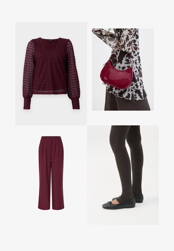 Bordeaux lange mouwen kanten blouse met V-hals, puffed sheer mouwen en een textuur met geometrisch patroon op het lichaam en de mouwen.; Wijd-uitlopende broek in bordeauxrode stof, met voorplooien en een elastische tailleband. Gladde textuur, full-length ontwerp.; Benen met donkere geribbelde leggings gecombineerd met zwarte ballerina's met kleine strikdetails op een witte achtergrond.; Vrouw met een zwart-wit gebloemde blouse houdt een glanzende rode schoudertas vast tegen een effen achtergrond.