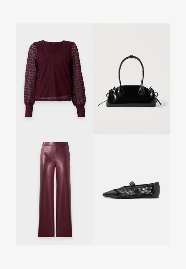 Blouse en dentelle bordeaux à manches longues avec décolleté en V, manches transparentes bouffantes et motif géométrique texturé sur le corps et les manches.; Pantalons en simili cuir bordeaux à jambe large, avec une texture lisse et des boutons décoratifs à la taille.; Chaussure plate noire avec un bout pointu, panneaux latéraux en maille et une sangle avec une boucle décorative. Fini lisse sur les sections du bout et du talon.; Petit sac à main noir brillant avec deux longues anses et des détails à cordon sur les côtés sur un fond clair uni.