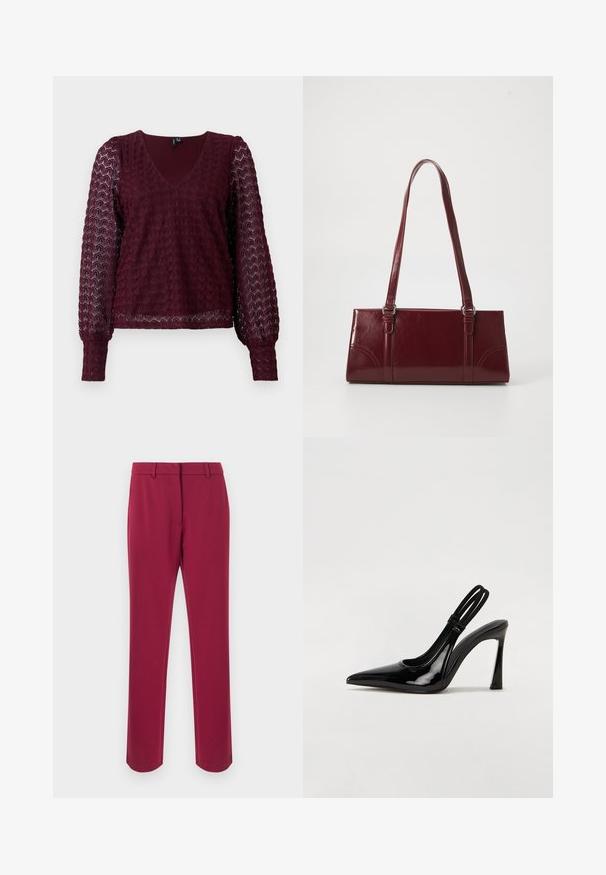 Bordeaux lange mouwen kanten blouse met V-hals, puffed sheer mouwen en een textuur met geometrisch patroon op het lichaam en de mouwen.; Donkerrode broek gemaakt van gladde stof met een rechte snit, voorzien van een tailleband, lussen voor een riem en steekzakken aan de zijkant. Geen sierdetails.; Zwarte gepatineerde leren slingback pump met puntige neus, slanke hoge hak en dubbele elastische band voor een veilige pasvorm. Gladde, glanzende oppervlakte.; Bourgondische handtas van glanzend materiaal, rechthoekige vorm, met twee schouderbanden en subtiele gebogen accenten aan de voorkant.