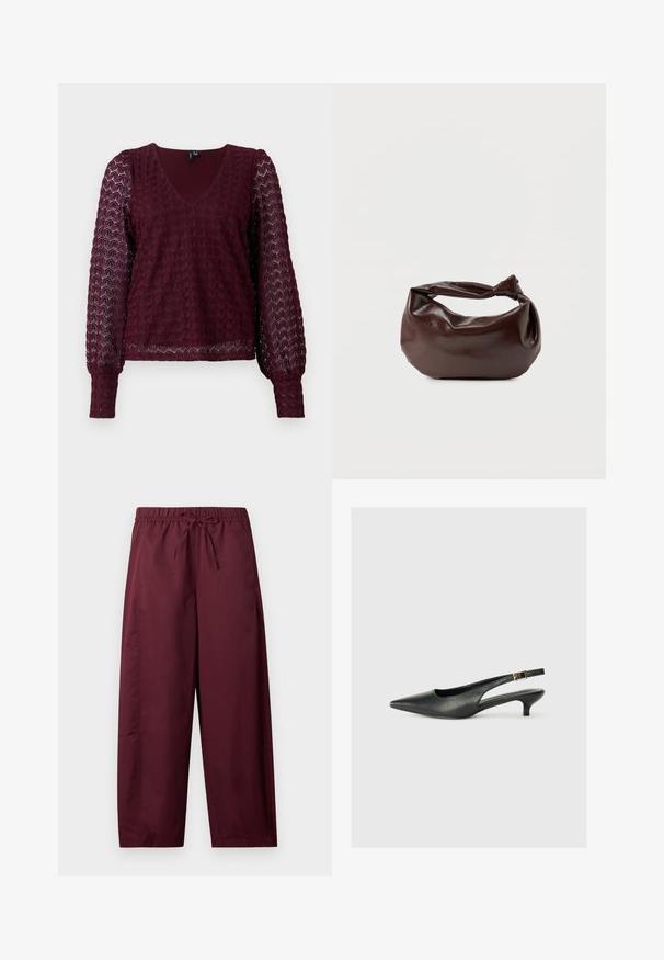 Burgunderfarbene Spitzenbluse mit langen Ärmeln, V-Ausschnitt, puffigen, durchsichtigen Ärmeln und strukturiertem geometrischem Muster auf dem Körper und den Ärmeln.; Locker sitzende, kastanienbraune Hose mit elastischem Bund und Kordelzug, geraden Beinen, ohne sichtbare Taschen oder Muster.; Schwarzer Slingback-Schuh mit spitzem Zehenbereich aus glattem Leder. Mit einem dünnen Absatz und einer dekorativen Schnalle am verstellbaren Riemen.; Dunkelbraune Lederschultertasche mit weicher, lockerer Form und einem gedrehten Knotengriff vor schlichtem weißem Hintergrund.
