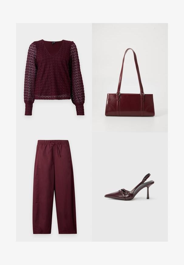 Bordeaux lange mouwen kanten blouse met V-hals, puffed sheer mouwen en een textuur met geometrisch patroon op het lichaam en de mouwen.; Losse, bordeauxrode broek met elastische tailleband en trekkoord, rechte pijpen, zonder zichtbare zakken of patronen.; Bordeauxrode lakleren slingback met puntige neus, dunne enkelband en kleine decoratieve gespsluiting. Gladde textuur en hoge hak.; Bourgondische handtas van glanzend materiaal, rechthoekige vorm, met twee schouderbanden en subtiele gebogen accenten aan de voorkant.