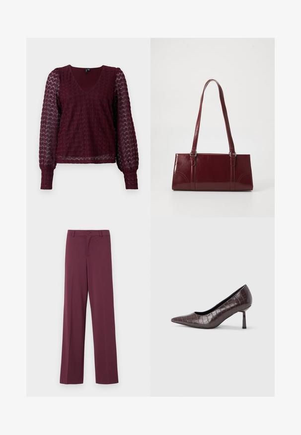 Bordeaux lange mouwen kanten blouse met V-hals, puffed sheer mouwen en een textuur met geometrisch patroon op het lichaam en de mouwen.; Bordeaux wijde broek, gemaakt van soepele stof. Voorzien van een knoopsluiting en klassieke zakken. Eenvoudig ontwerp zonder patronen of accenten.; Bruine nepleren pumps met een puntige neus en krokodillenstructuur, voorzien van een slanke, hoekige hak en een gladde binnenvoering.; Bourgondische handtas van glanzend materiaal, rechthoekige vorm, met twee schouderbanden en subtiele gebogen accenten aan de voorkant.
