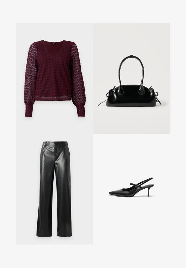 Bordeaux lange mouwen kanten blouse met V-hals, puffed sheer mouwen en een textuur met geometrisch patroon op het lichaam en de mouwen.; Zwarte leren wijde broek met een gladde textuur, voorzien van een middelhoge tailleband en subtiele plooilijnen aan de voorkant.; Zwarte leren slingback hakken met een puntige neus, slanke verstelbare band en een ongeveer 5 cm hoge stiletto hak, met een gladde textuur.; Kleine zwarte glanzende handtas met twee lange hengsels en zijkant trekkoord details op een effen lichte achtergrond.