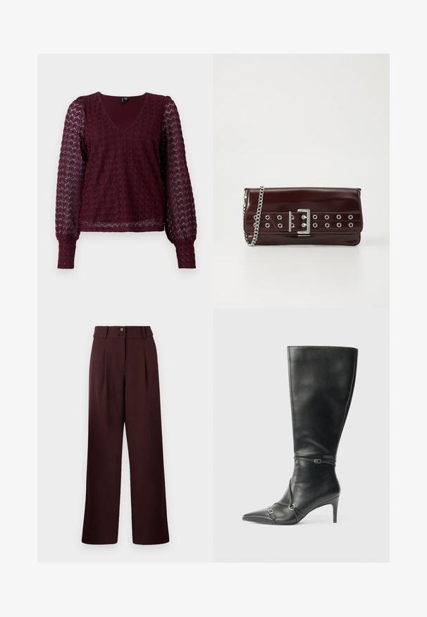 Bordeaux lange mouwen kanten blouse met V-hals, puffed sheer mouwen en een textuur met geometrisch patroon op het lichaam en de mouwen.; Wijde broek in donker bordeaux, met een hoge taille, twee voorkreuken en een sluiting met twee knopen. Gemaakt van gestructureerde stof.; Zwarte leren kniehoge laarzen met een slanke hak, puntige neus en banddetail bij de enkel. Gladde textuur en aansluitend ontwerp.; Bordeaux faux leren clutch met een zilveren kettinghengsel, voorzien van een gespontwerp en metalen ogen over de voorkant voor extra detail.