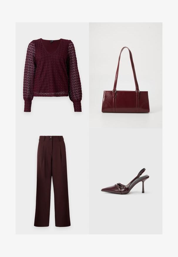 Bordeaux lange mouwen kanten blouse met V-hals, puffed sheer mouwen en een textuur met geometrisch patroon op het lichaam en de mouwen.; Wijde broek in donker bordeaux, met een hoge taille, twee voorkreuken en een sluiting met twee knopen. Gemaakt van gestructureerde stof.; Bordeauxrode lakleren slingback met puntige neus, dunne enkelband en kleine decoratieve gespsluiting. Gladde textuur en hoge hak.; Bourgondische handtas van glanzend materiaal, rechthoekige vorm, met twee schouderbanden en subtiele gebogen accenten aan de voorkant.