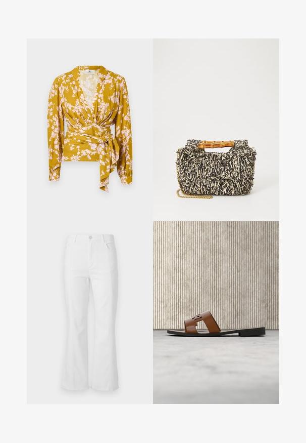Blouse en tissu floral couleur moutarde avec des motifs de fleurs roses, manches longues et un détail à nouer à la taille. Texture de tissu lisse.; Jean flare blanc à taille haute, avec poches avant et ourlet brut. Fabriqué en denim avec une texture lisse et des détails de couture minimaux.; Mule en cuir marron avec lettres découpées, posée sur un tapis beige à côté d'un pied de table rond en ambre brillant.; Sac tissé avec un motif texturé noir et crème, une poignée en bambou et une bandoulière en chaîne dorée amovible. Forme rectangulaire compacte.