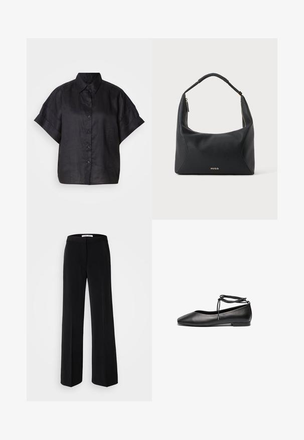 Camisa de lino negra de manga corta con cuello tipo collar, cierre frontal de botones y un corte relajado. Textura suave con puños de manga enrollados.; Pantalones anchos negros con una textura suave, que cuentan con una cinturilla ajustada y un diseño minimalista. Sin patrones ni acentos visibles.; Bailarinas de cuero negro con punta afilada, tacón plano y un detalle de lazo alrededor del tobillo. Textura suave, diseño minimalista.; Bolso de hombro de cuero negro con asa trenzada, detalle de cremallera dorada y pequeño logo "HUGO" dorado en el centro frontal.