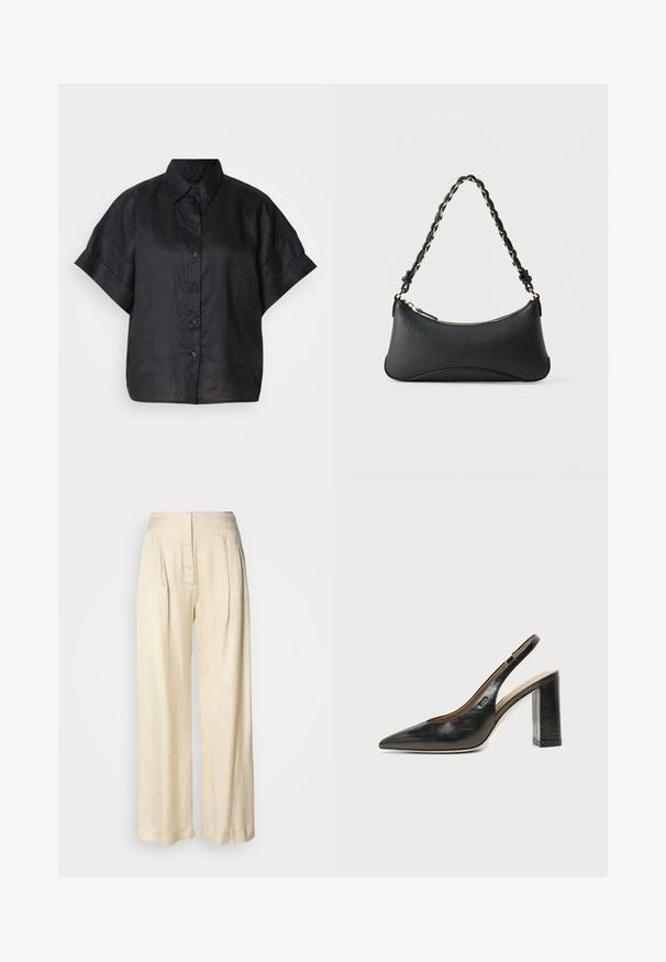 Chemise en lin noire à manches courtes avec un col, fermeture à boutons sur le devant et coupe décontractée. Texture lisse avec des poignets de manches roulés.; Pantalon en soie crème taille haute avec plis, jambes larges et fermeture éclair avant dissimulée sur un fond blanc uni.; Chaussure slingback en cuir noir à bout pointu avec un talon bloc haut et une doublure intérieure beige sur un fond clair uni.; Sac à bandoulière en cuir noir de forme rectangulaire incurvée, avec une chaîne dorée tissée dans la bandoulière noire tressée et une fermeture éclair sur le dessus.