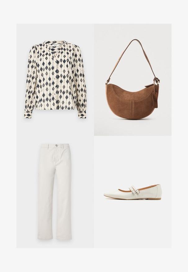 Blouse à manches longues en crème avec un motif en diamants noirs, présentant un devant à boutons et un col rond. Tissu doux et léger.; Pantalons larges beige clair en coton, avec une fermeture à boutons sur le devant, des poches latérales et une texture propre et lisse.; Ballerines en cuir verni blanc avec un bout pointu, deux sangles décoratives avec des boucles en argent, et une semelle marron discrète.; Sac à main en daim marron de forme courbée en demi-lune. Il est doté d'une bandoulière, d'une petite étiquette et de coutures visibles le long des bords.