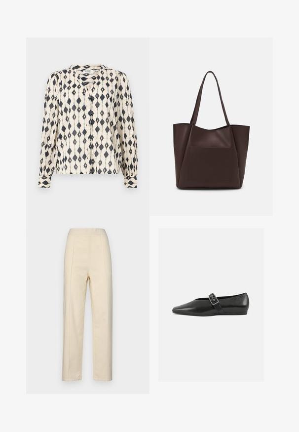 Blouse à manches longues en crème avec un motif en diamants noirs, présentant un devant à boutons et un col rond. Tissu doux et léger.; Pantalons droits couleur crème en coton, avec des plis sur le devant, une texture lisse et une taille sans matériel visible.; Chaussure plate en cuir noir avec un orteil pointu, présentant une sangle à boucle métallique sur le cou-de-pied et une semelle basse et flexible.; Sac fourre-tout brun en matériau lisse, avec une grande poche avant, deux poignées et un design structuré simplifié.