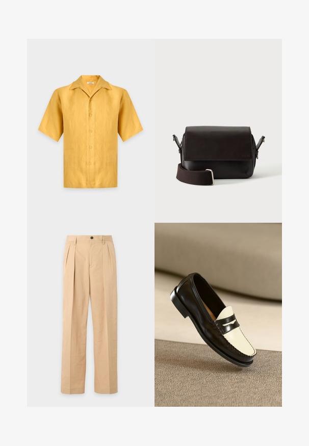 Short-sleeve yellow button-up shirt with a wide collar, displayed on a plain light gray background.; Beige pleated trousers with a button and zipper closure, belt loops, and straight wide legs.; Black leather loafer with a cream-colored vamp and black accent stripes, featuring a low heel and detailed stitching along the edges.; Dark brown leather crossbody bag with flap closure and adjustable fabric strap on white background.
