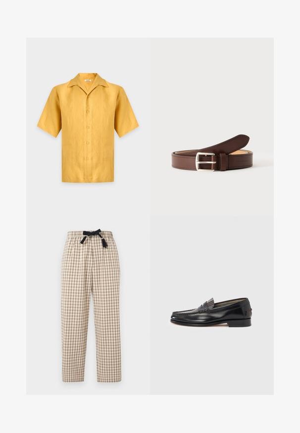 Short-sleeve yellow button-up shirt with a wide collar, displayed on a plain light gray background.; Beige and brown checkered trousers with elastic waistband and black drawstring tie with tassels, straight-leg fit.; Black leather loafers with a moccasin-style design, featuring a decorative band and stitching detail on the upper. Low block heel.; Brown leather belt with silver rectangular buckle coiled on a light gray background, showing detailed stitching along edges.