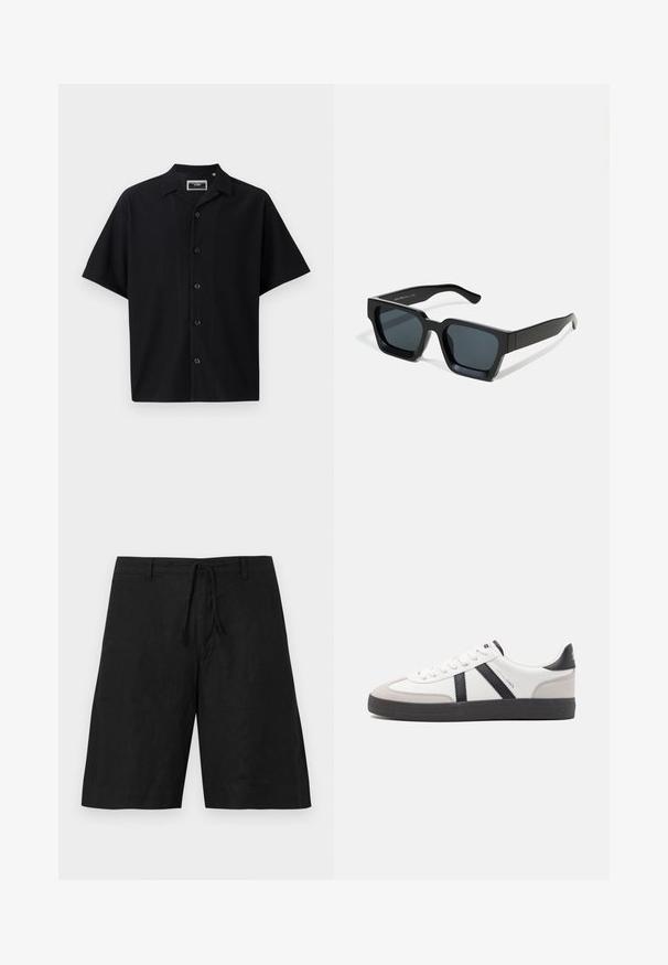Schwarzes kurzärmliges Hemd mit Knopfleiste und strukturiertem Rippdesign, ausgestattet mit einem Kragen und fünf Knöpfen auf der Vorderseite, aus einem glatten Stoff gefertigt.; Schwarze Leinen-Shorts mit einer lockeren Passform, Kordelzugbund und ohne sichtbare Muster. Der Stoff wirkt leicht und hat eine leicht strukturierte Oberfläche.; Weiße Sneaker mit schwarz- und grau-aczenten, ausgestattet mit einer strukturierten grauen Zehenkappe, schwarzer Gummi-Sohle und flachen weißen Schnürsenkeln. Sauberes Design, minimalistische Stil.; Schwarze rechteckige Sonnenbrillen mit dunklen Gläsern. Dickes, glattes Kunststoffgestell mit leicht glänzender Oberfläche und geraden Bügeln.