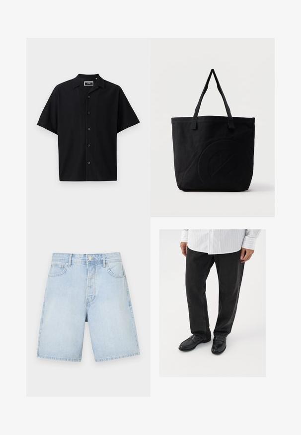 Must have lühikeste varrukatega must nööbiliistuga särk, millel on tekstureeritud sooneline design, krae ja viis esist nööpi, valmistatud siledast kangast.; Heledad sinine denim lühikesed püksid sirge lõikega, esi-taskud, nööbiga kinnitamine ja juhuslik õmblus. Sile tekstuur ilma mustriteta.; Mustad denim püksid koos läikivate mustade mokassiinidega. Särk on valge, millel on õhukesed vertikaalsed triibud, pikkade varrukatega ja nööpidega kraega.; Mustast lõuendist käekott kahe õlarihmaga ja esiküljel õrn reljeefne ringikujuline muster.