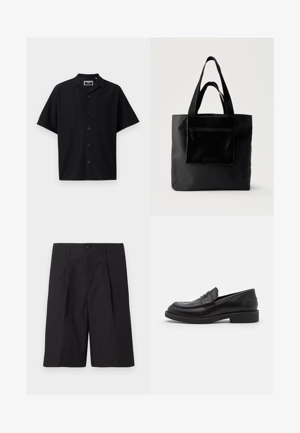 Camisa negra de manga corta con botones, con un diseño texturizado de canalé, que presenta un cuello y cinco botones en la parte delantera, hecha de un tejido suave.; Pantalones cortos negros a medida, hechos de una tela ligera, con pliegues, cierre de botón y dobladillo recto. Textura suave y sin patrones visibles.; Mocasines de cuero negro con puntera redondeada, costuras tonales y un detalle de tira en la parte frontal. Suela de goma con un tacón bajo.; Bolso tote negro con bolsillo frontal con cremallera y asas dobles, sobre un fondo claro y liso.