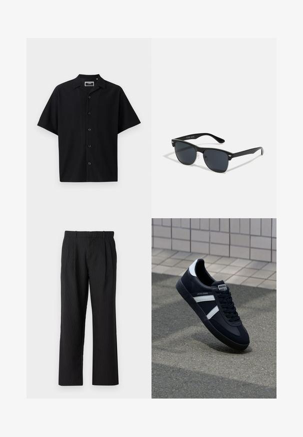 Camisa negra de manga corta con botones, con un diseño texturizado de canalé, que presenta un cuello y cinco botones en la parte delantera, hecha de un tejido suave.; Jack & Jones Classic Wide Leg Fit - Pantalones - black; Zapatilla de cuero negra con rayas blancas, suela de goma texturizada y parte frontal con cordones. Cuenta con una etiqueta de marca en la lengüeta.; Gafas de sol negras con forma rectangular, lentes oscuros, detalles plateados en las patillas y un acabado mate en la montura.