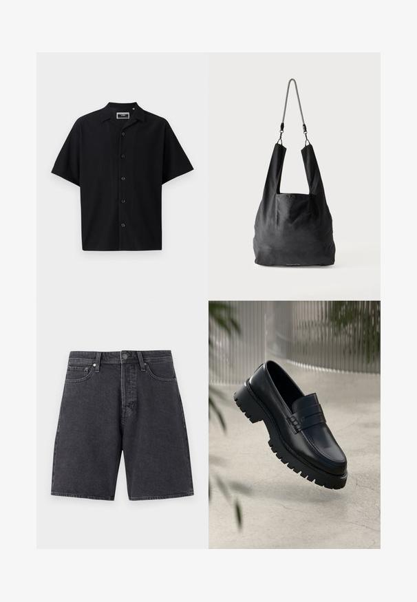 Schwarzes kurzärmliges Hemd mit Knopfleiste und strukturiertem Rippdesign, ausgestattet mit einem Kragen und fünf Knöpfen auf der Vorderseite, aus einem glatten Stoff gefertigt.; Dunkelgraue Jeansshorts mit geradem Schnitt. Merkmale sind zwei Fronttaschen, eine Gesäßtasche und ein Metallknopfverschluss.; Schwarze Lederloafer mit einer robusten profilierten Sohle, ausgestattet mit einem dekorativen Riemen und einer Stichdetail. Glatte Textur mit einem polierten Finish.; Schwarze weiche Stofftragetasche mit breiten Griffen und einem dünnen schwarz-weißen geflochtenen Schulterriemen.