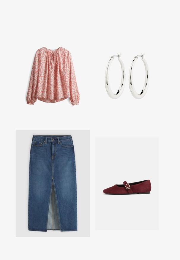Langarm blouse in lichtroze stof met een rood bloemenpatroon, met een gathering bij de hals en een strikdetail, en met elastische manchetten.; Blauwe denim midirok met centrale voorin split, ceintuurlussen, knoopsluiting en vijf zakken.; Platte bordeauxsuède Mary Jane-schoen met gouden gesp en zwarte zool, zijaanzicht op een witte achtergrond.; Zilveren oorbellen in de vorm van een gladde, glanzende ring. Circulaire vorm, voorzien van een veilige sluiting. Eenvoudig en elegant ontwerp.