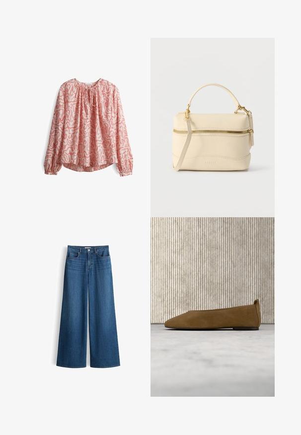 Langarm blouse in lichtroze stof met een rood bloemenpatroon, met een gathering bij de hals en een strikdetail, en met elastische manchetten.; OPUS PANTS MID RISE POWER STRETCH - Wide leg - dark blue; Bruine suède platte schoen met zwarte zool die boven een beige tapijt zweeft, met doorschijnend amberkleurig meubilair op de achtergrond.; Kleine handtas van crèmekleurig leer met handvat aan de bovenzijde, afneembare schouderriem en gouden ritssluiting aan de voorkant.