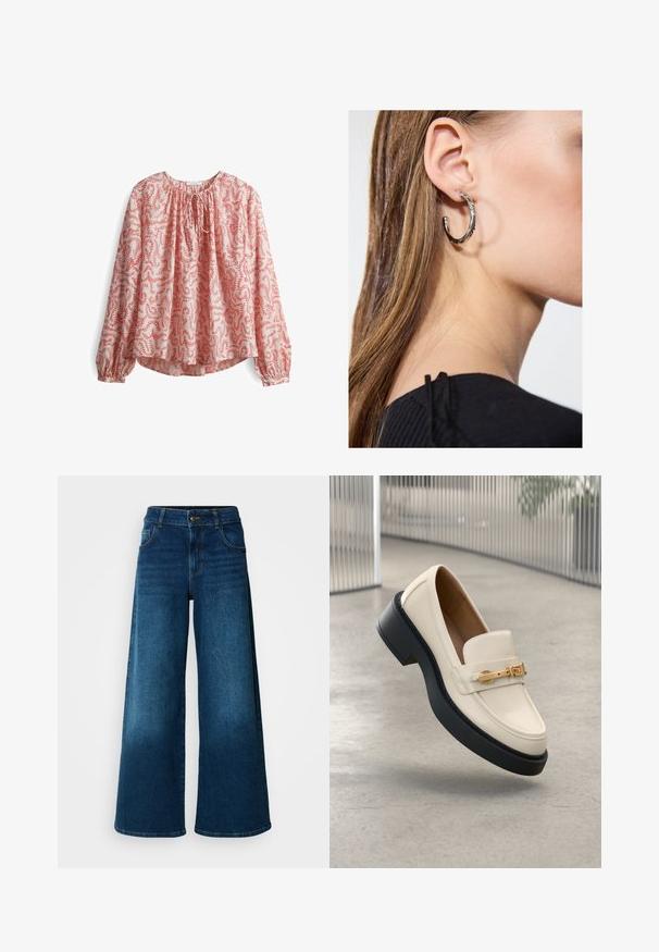 Langarm blouse in lichtroze stof met een rood bloemenpatroon, met een gathering bij de hals en een strikdetail, en met elastische manchetten.; Wijde jeans van donkerblauwe denim. Heeft een hoge taille, knoopsluiting en klassiek vijf-vakken ontwerp met subtiele vervaging.; Roomkleurige loafer met zwarte zool en gouden gespdetail, schuin omhoog geplaatst op een lichtgrijze betonnen vloer.; Zilveren oorbel met een gepolijste afwerking, met kleine gouden accentdetails en een ronde vorm, gedragen op de oorlel.