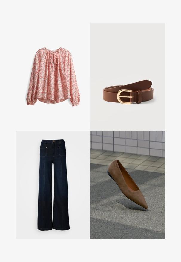 Langarm blouse in lichtroze stof met een rood bloemenpatroon, met een gathering bij de hals en een strikdetail, en met elastische manchetten.; Lossere denim jeans in donkerblauw. Bevat voorzakken, goudkleurige hardware en contrasterende stiksels. Glad textuur met een casual ontwerp.; Bruine suède platte schoen met spitse neus zweeft boven asfalt met betegelde muur en stoep op de achtergrond.; Bruine leren riem met gouden afgeronde gesp, opgerold en liggend op een witte ondergrond.