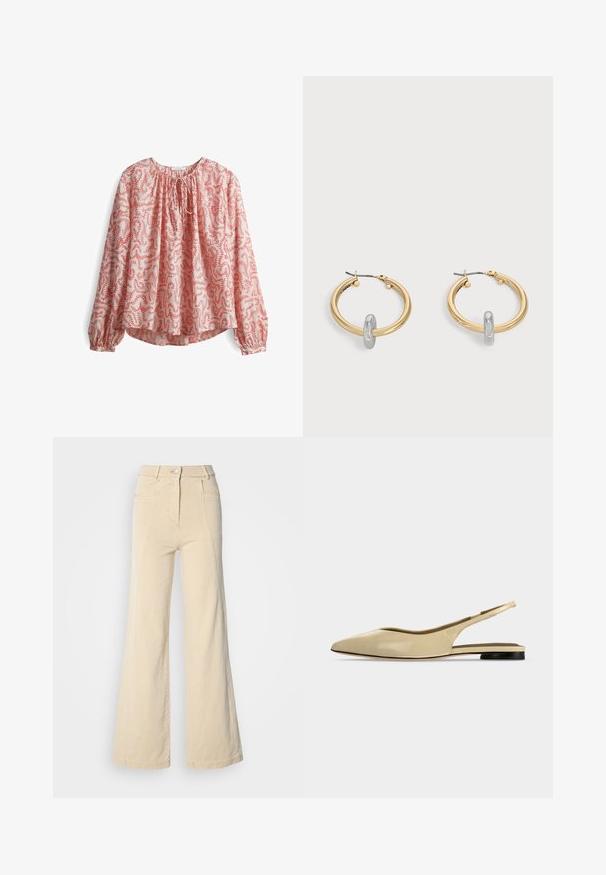 Langarm blouse in lichtroze stof met een rood bloemenpatroon, met een gathering bij de hals en een strikdetail, en met elastische manchetten.; Beige wijde jeans met hoge taille, voorzakken en contrasterende stiksels, met een knoopsluiting en een zachte katoenen textuur.; Beige platte slingback schoen met puntige neus, lage zwarte hak en een glad leren afwerking, zijaanzicht op een effen achtergrond.; Paar goudkleurige creolen met kleine zilverkleurige lusdetail op elk, weergegeven tegen een lichtgrijze achtergrond.