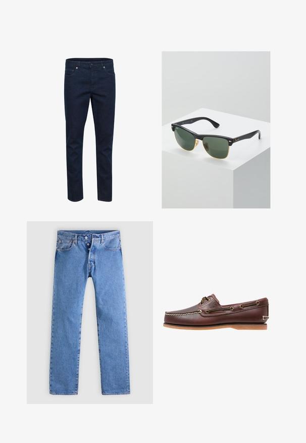 Mørkeblå denimjeans med slim fit, fem lommer og knaplukning, vist mod en hvid baggrund.; Lyseblå denimjeans med et lige ben design, fem lommer og to-knaps lynlås. Har minimal falmen og kontrastsyning.; Brun læder bådsko med hvide sømme, snøre detaljer og lysbrun gummisål, vist fra siden på hvid baggrund.; Ray-Ban solbriller med grønne linser, sorte plastikstel og gyldne detaljer ved kanterne. Firkantet form med mat finish.