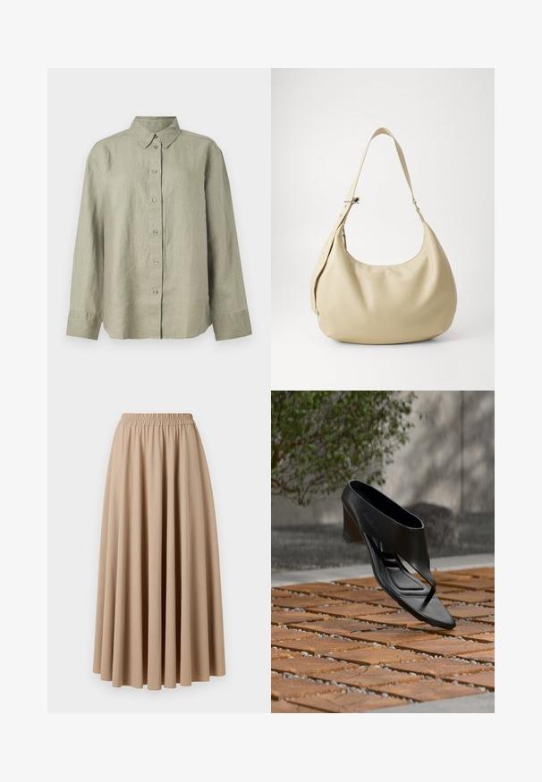 Chemise en lin vert clair à boutons, avec col, manches longues et patte de boutonnage avec six boutons à l'avant. Texture douce et coupe décontractée.; Jupe maxi beige avec une taille élastique, fabriquée dans un tissu doux avec un design fluide et plissé. Texture lisse, couleur unie.; Sandale noire à talon haut avec une lanière entre les orteils, flottant au-dessus d'une surface extérieure en bois et gravier à motifs, avec un arrière-plan flou de verdure et un mur.; Sac à épaule en cuir beige avec une forme courbée, une bandoulière réglable et un détail de logo embossé, présentant une texture lisse et un design minimaliste.