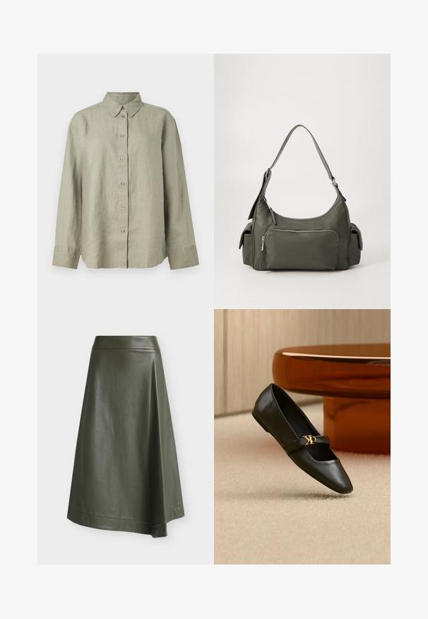 Chemise en lin vert clair à boutons, avec col, manches longues et patte de boutonnage avec six boutons à l'avant. Texture douce et coupe décontractée.; Jupe midi en similicuir vert olive avec une taille ajustée et une légère forme évasée sur fond uni.; Chaussure plate en cuir noir avec bout pointu et logo CK doré sur la bride, posée sur un tapis beige près d'une table ronde couleur ambre brun.; Sac à épaule en cuir vert avec un design arrondi, poche zippée à l'avant et poches supplémentaires sur les côtés. Texture lisse et matériel minimal.