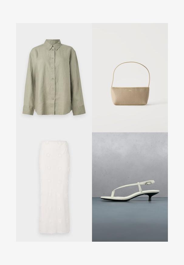 Chemise en lin vert clair à boutons, avec col, manches longues et patte de boutonnage avec six boutons à l'avant. Texture douce et coupe décontractée.; Jupe blanche mi-longue en tissu texturé, présentant un motif brodé avec des franges subtiles. Coupe droite et taille sans couture.; Sandale blanche à talon kitten avec des lanières et un bout pointu, flottant au-dessus d'un sol en carrelage en bois en plein air avec un arrière-plan flou de plante et de mur.; Sac à main tissé beige avec fine bandoulière et petit logo doré "BOSS" à l'avant, présenté sur fond blanc uni.