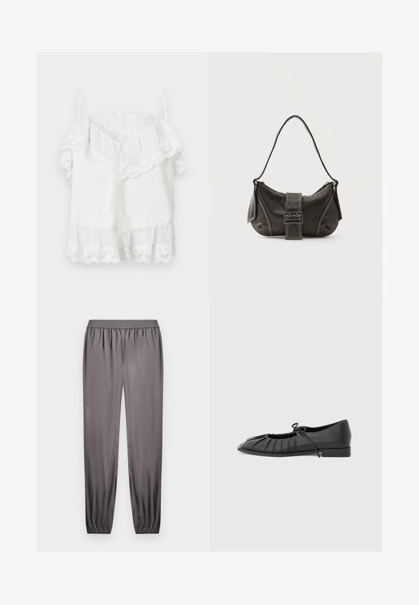 Haut blanc sans manches et épaules dénudées avec bordure en dentelle le long de l'encolure, des manches et de l'ourlet, doté de bretelles fines ajustables.; Pantalon de jogging gris avec taille et chevilles élastiques, en tissu léger, présenté à plat sur un fond blanc.; Chaussure plate noire avec design plissé à l'avant et un nœud noué sur le dessus, petit talon, et texture lisse sur un fond gris clair.; Sac à épaule en cuir noir avec une sangle à boucle, des bords arrondis et des coutures blanches contrastées sur un fond uni.