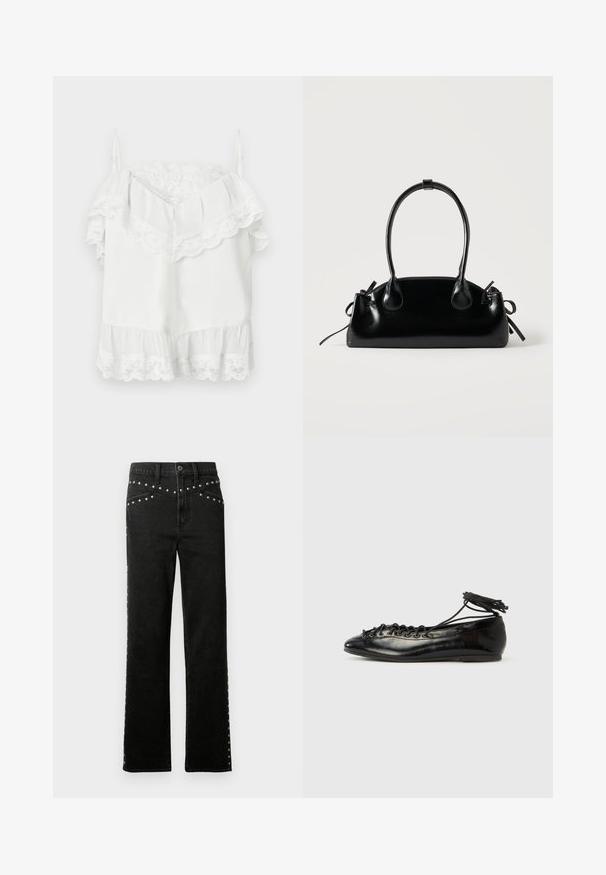 Haut blanc sans manches et épaules dénudées avec bordure en dentelle le long de l'encolure, des manches et de l'ourlet, doté de bretelles fines ajustables.; Jeans en denim noir avec une coupe droite, dotés de clous en argent le long de la taille et des côtés. Le tissu a une texture lisse avec une coupe classique.; Ballerines en cuir verni noir avec un bout rond, un design à lacets et une semelle plate. Texture lisse avec peu de détails.; Petit sac à main noir brillant avec deux longues anses et des détails à cordon sur les côtés sur un fond clair uni.
