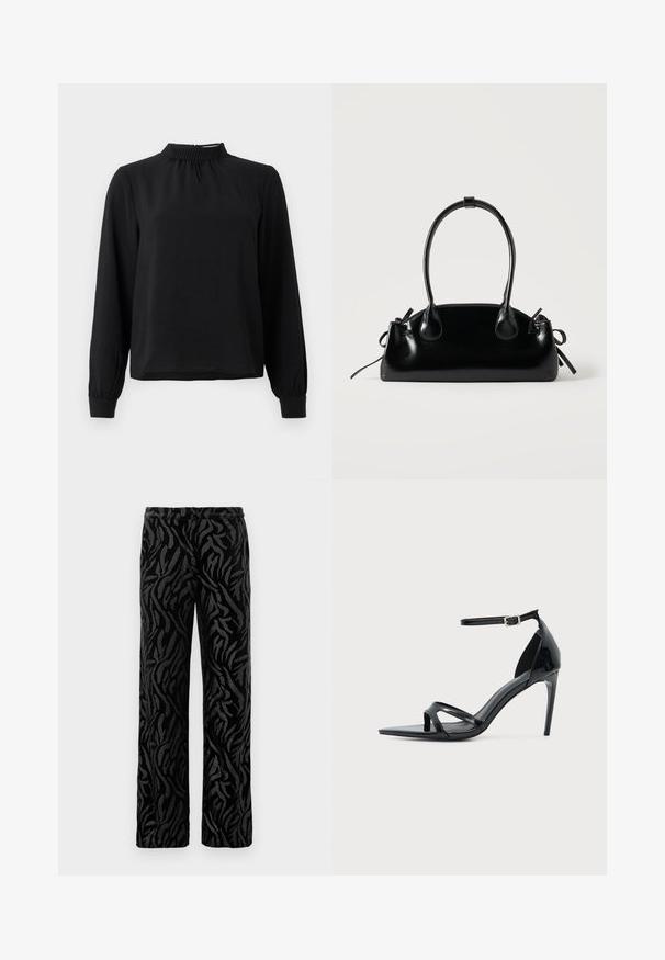 Blusa negra de manga larga con cuello alto, tejido texturizado, detalles fruncidos en el escote y puños ajustados. Diseño simple y limpio.; Pantalones negros con un patrón texturizado y en espiral. Fabricados con un material suave, tienen un corte de pierna recta y una cinturilla elástica para mayor comodidad.; Sandalia de tacón alto de charol negro con una fina correa en el tobillo, punta abierta y diseño minimalista sobre un fondo claro y liso.; Pequeño bolso negro brillante con dos asas largas y detalles de cordón lateral sobre un fondo claro liso.