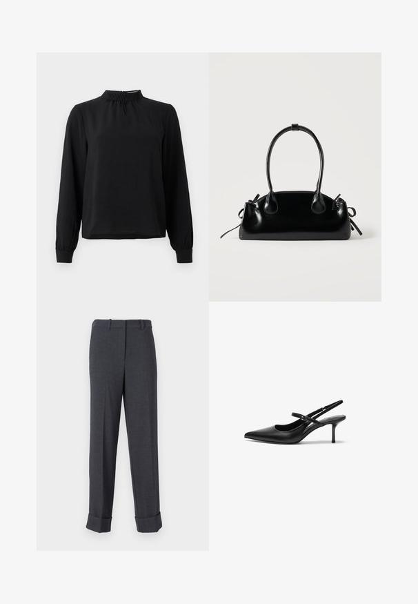 Schwarzbluse mit langen Ärmeln und Stehkragen, strukturiertem Stoff, gerafften Details am Ausschnitt und schmalen Manschetten. Einfaches, klares Design.; Grau maßgeschneiderte Hose aus strukturiertem Stoff, mit geradem Bein, Gürtelschlaufen und gekrempelten Säumen für ein strukturiertes Erscheinungsbild.; Schwarze Leder Slingback-Absätze mit einer spitzen Zehenform, schmalem verstellbarem Riemen und einem etwa 5 cm hohen Stiletto-Absatz, glatte Textur.; Kleine schwarze glänzende Handtasche mit zwei langen Griffen und seitlichen Kordelzug-Details vor einfachem hellem Hintergrund.