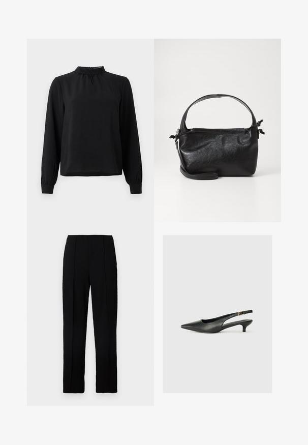 Blouse noire à manches longues avec un col montant, tissu texturé, détails froncés au niveau du col et poignets ajustés. Design simple et épuré.; Pantalon noir à coupe droite, confectionné dans un tissu lisse, doté de deux plis à l'avant et d'une ceinture épurée.; Chaussure slingback noire à bout pointu en cuir lisse. Présente un talon fin et un détail de boucle sur la sangle réglable.; Sac à main en cuir noir au design structuré, avec une poignée arrondie et une bandoulière amovible. Présente une texture lisse et un éclat subtil.